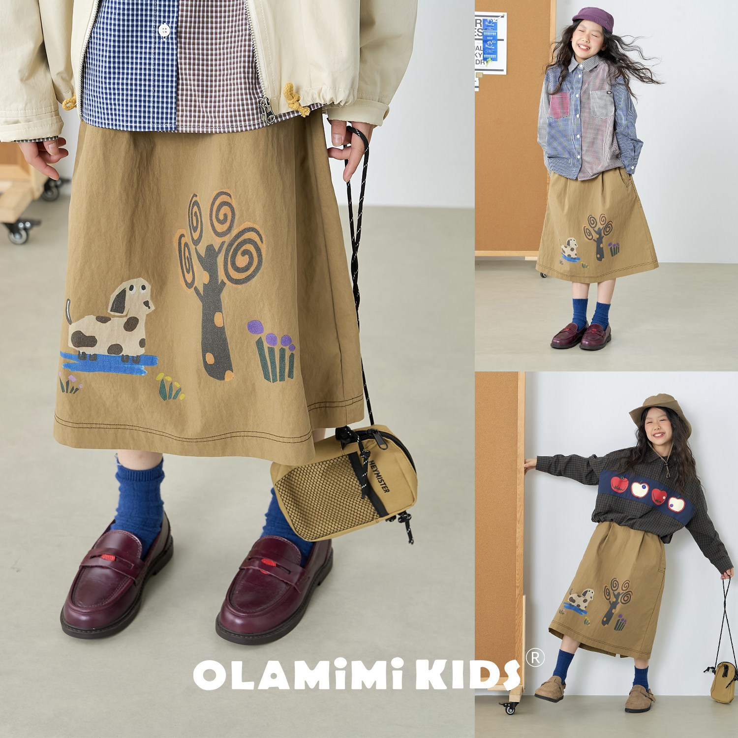 OLAMIMI秋 中大童亲子原创童趣插画 后开衩文艺宽松休闲个性半裙图片