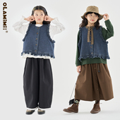 OLAMIMI童装 亲子复古做旧菱格提花甜美立体荷叶边单排扣牛仔马甲