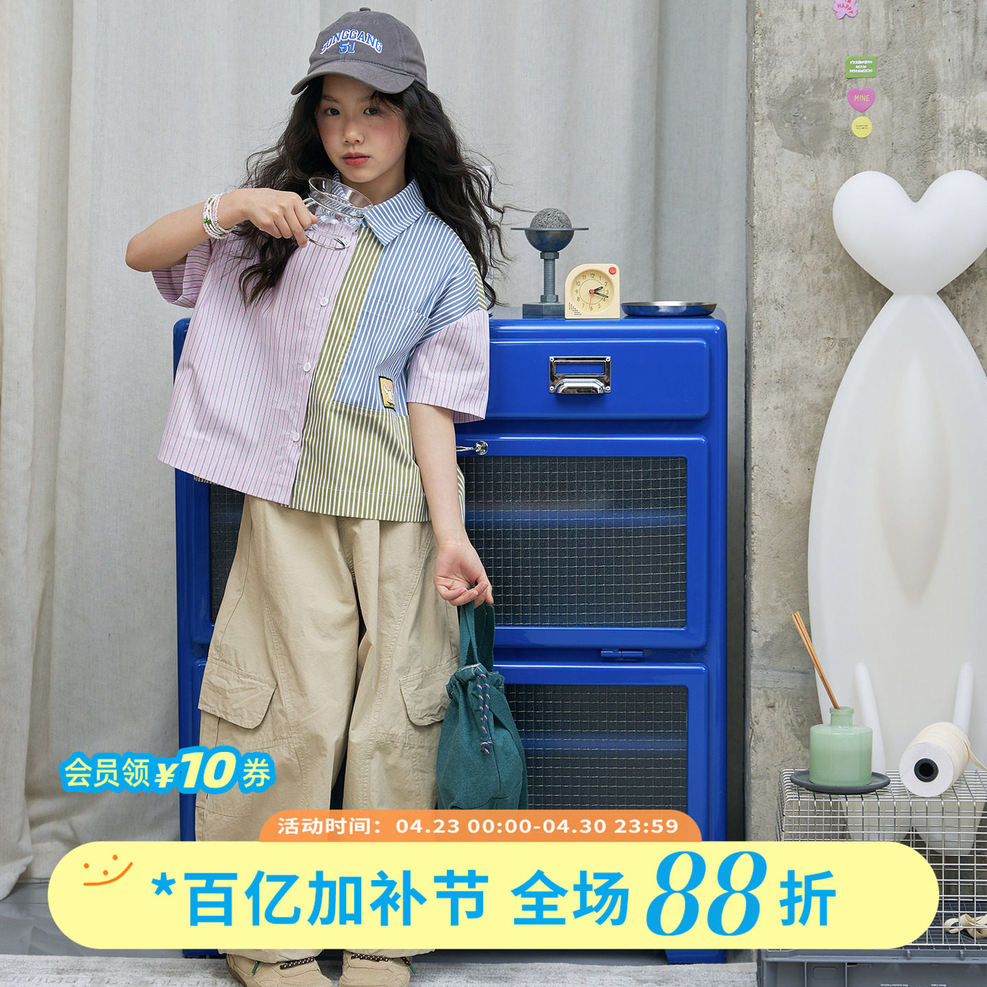 OLAMIMI儿童亲子2026夏撞色条纹小狗贴布休闲短袖衬衫