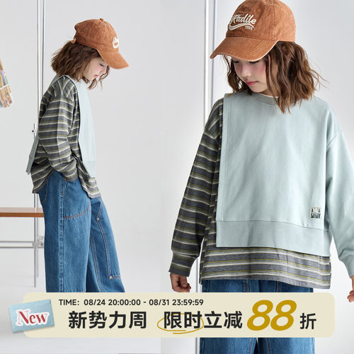 OLAMIMI儿童亲子2026春原创假两件不规则全棉条纹拼色卫衣长袖T