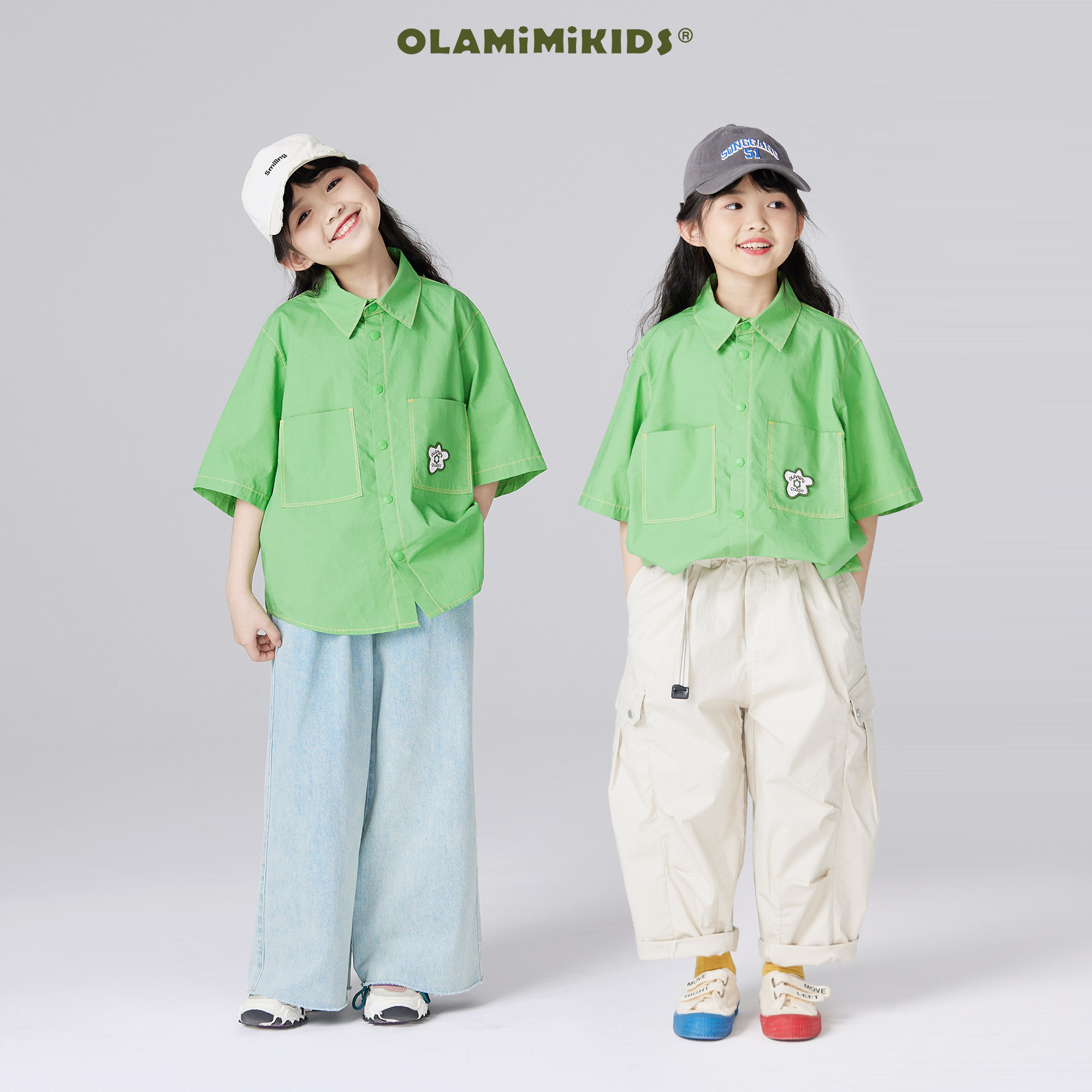 OLAMIMI定制 2024 夏 亲子亮色中性翻领刺绣明线宽松休闲短袖上衣
