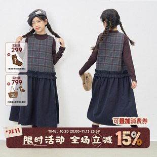 OLAMIMI秋冬女童亲子文艺羊毛格纹毛呢木耳边圆领无袖连衣裙