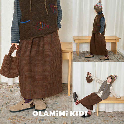 OLAMIMI儿童亲子毛呢后开叉A字裙