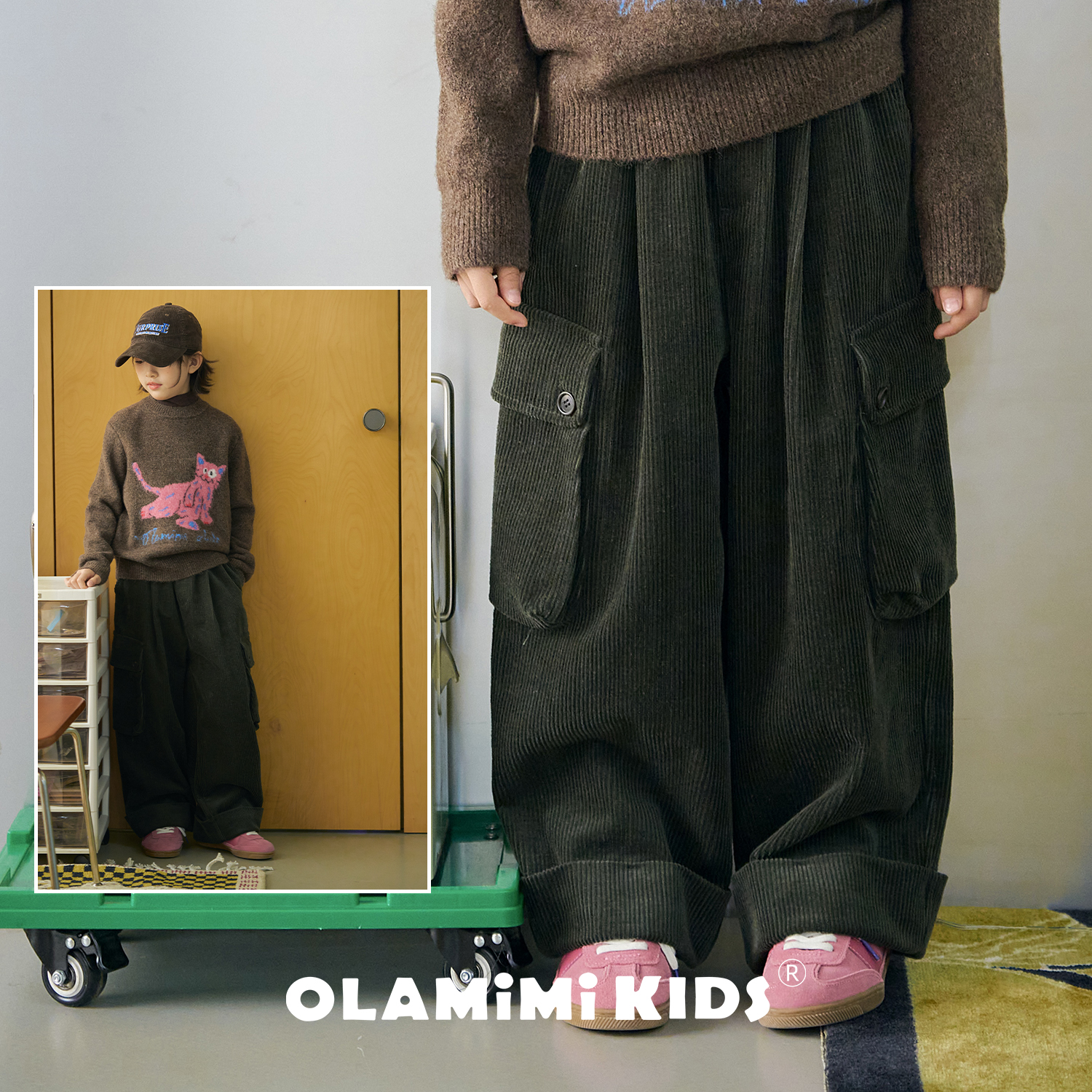 亲子轻暖灯芯绒多口袋工装裤长裤