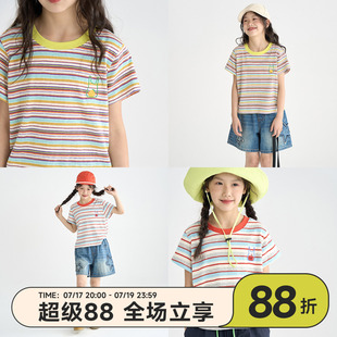 OLAMIMI夏亲子女童水果刺绣彩色条纹撞色宽松休闲多巴胺短袖T恤