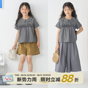 OLAMIMI夏亲子女童暮烟格抽褶花边娃娃领短袖衬衫法式复古上衣