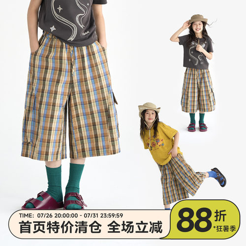 女童复古格纹工装七分阔腿裤