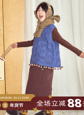 OLAMIM I儿童亲子2025冬漾紫蓝V领流苏毛球镂空针织背心无袖马甲