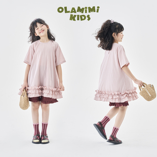 OLAMIMI定制 上衣裙 2025夏 亲子韩系甜美樱粉荷叶边天丝爽感短袖