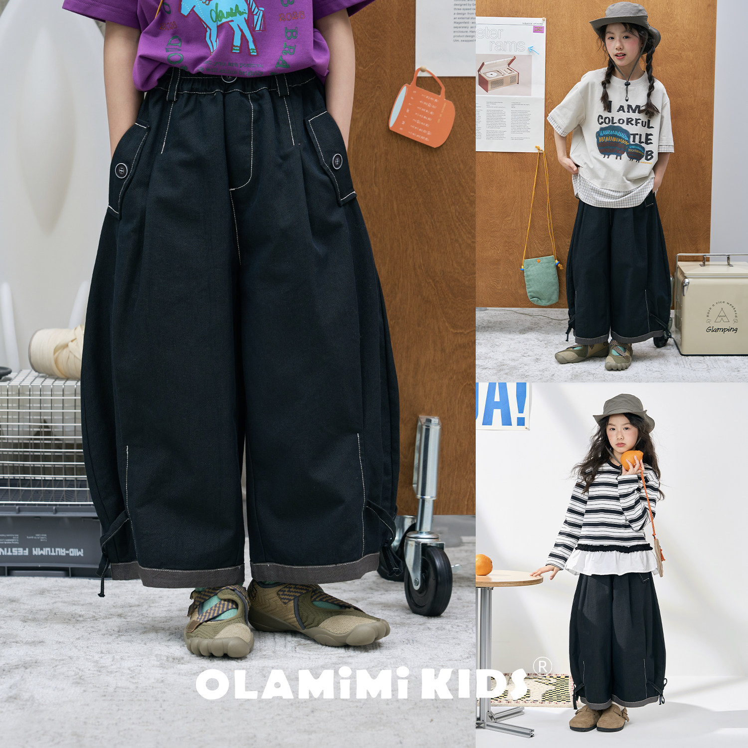 OLAMIMI儿童亲子2026夏明线翻盖口袋蝴蝶结绑带仿牛仔弯刀裤9分裤
