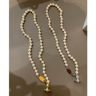 鎏金蓝色立体土星珍珠项链白色珐琅orb飞碟珍珠项链