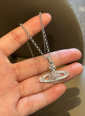 粉钻土星链条项链满钻土星吊坠轻奢小众项链爆款