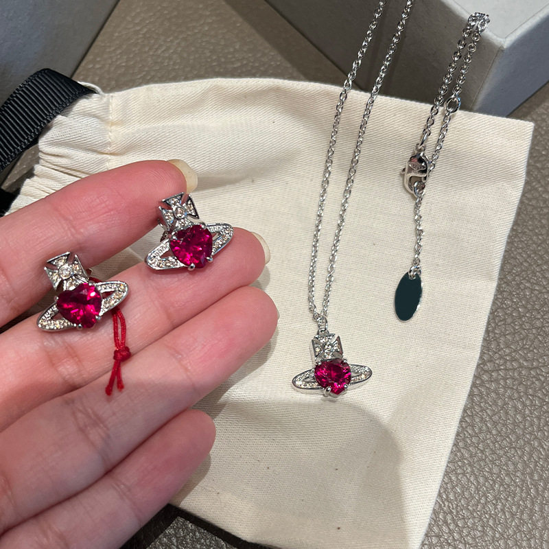 红色爱心钻土星项链耳钉ARIELLA满钻红宝石星球吊坠耳饰