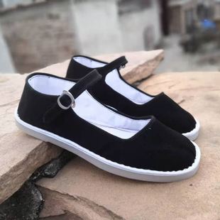 男女塑料底一带方口布鞋黑色单鞋服务员工作鞋平底鞋样式
