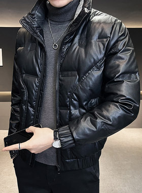 男士皮羽绒服冬季轻薄保暖短款pu夹克外套潮牌高端时尚2024年新款