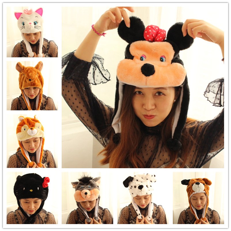 猫咪狗狗小老鼠袋鼠斑点狗狼牛猪兔帽子幼儿动物头套可爱卡通头饰