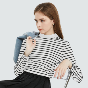 显瘦半高领纯棉针织打底衫 黑白条纹长袖 修身 2026年新款 t恤女春季