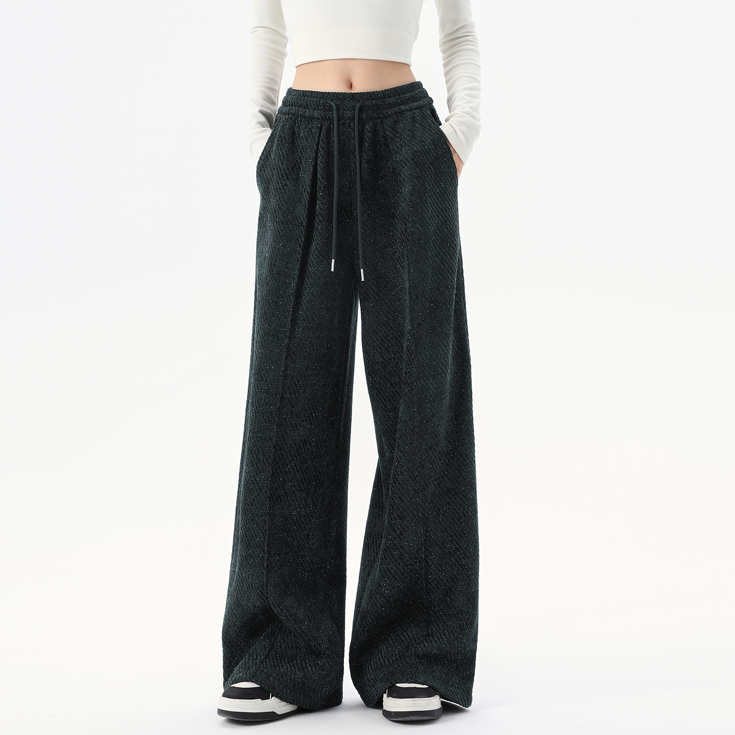 雪尼尔阔腿裤女加绒加厚直筒长裤