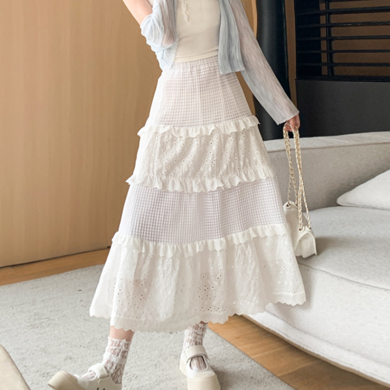 假日概念白色蓬蓬蛋糕长裙女2024夏季新款高腰气质a字半身长裙子