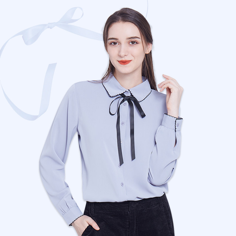 假日概念法式蝴蝶结雪纺衬衫女2023早秋新款长袖白色甜美上衣小衫