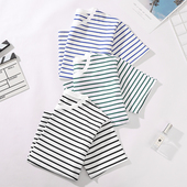 航海圆领半袖 百搭宽松显瘦纯棉打底衫 上衣 t恤女夏季 黑白条纹短袖