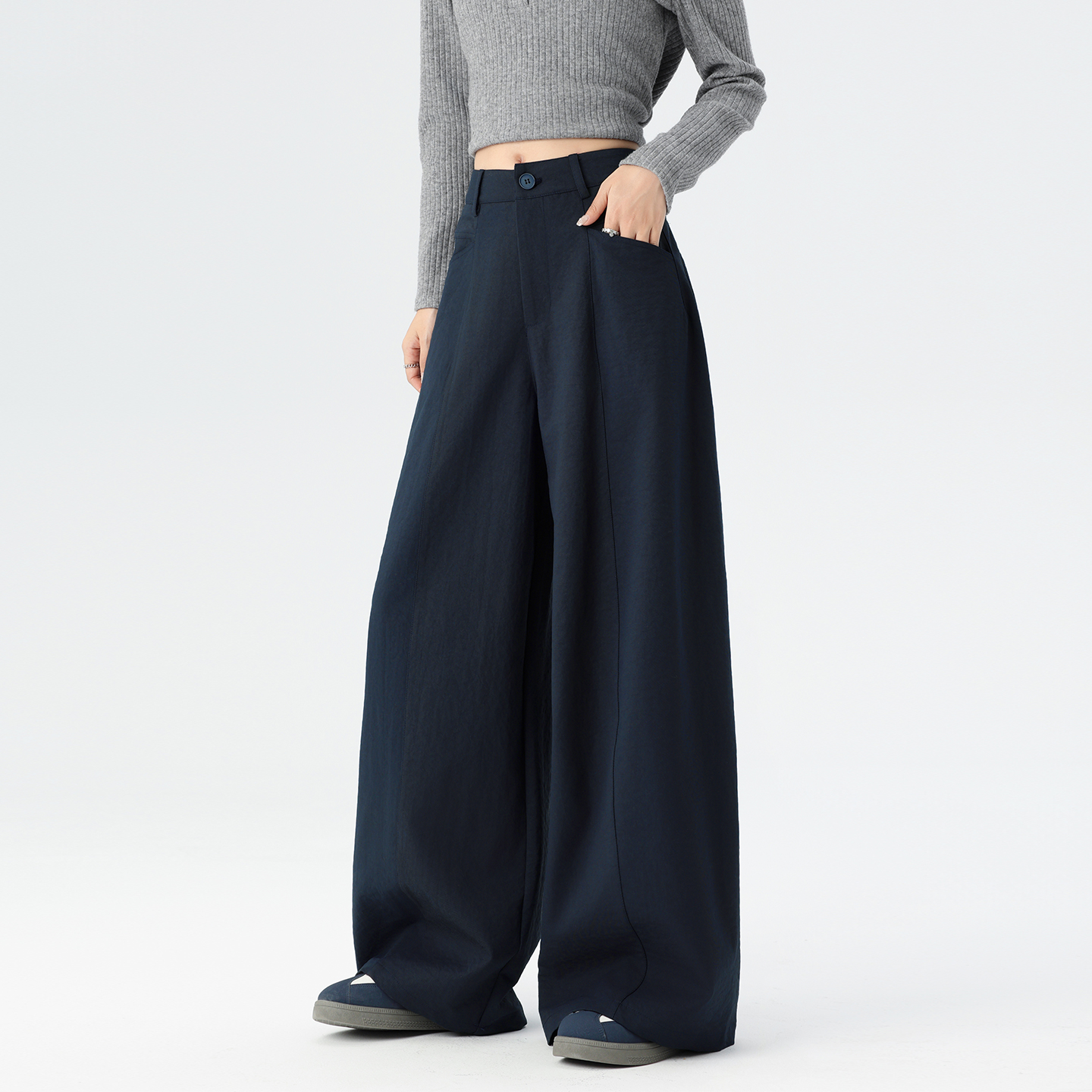 藏青色弯刀裤女垂感西装阔腿裤