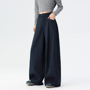 女26年春季 阔腿裤 新款 设计感西装 垂感宽松休闲直筒裤 藏青色弯刀裤