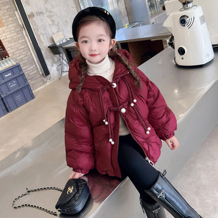 儿童纯色连帽珍珠盘扣保暖外套 韩版 新款 女童国风羽绒服2023冬季