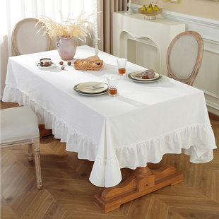 法式复古餐布民宿客厅长桌盖布荷叶边褶皱白色桌布摆拍背景布