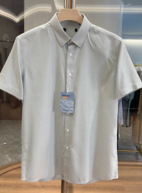 H家100棉免烫抗皱条纹短袖衬衫