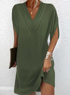 Women's V-neck pleated batball sleeve dress V领蝙蝠袖连衣裙