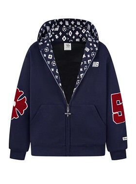 FOCK美式复古字母印花开衫连帽卫衣外套男女秋冬百搭情侣拉链上衣