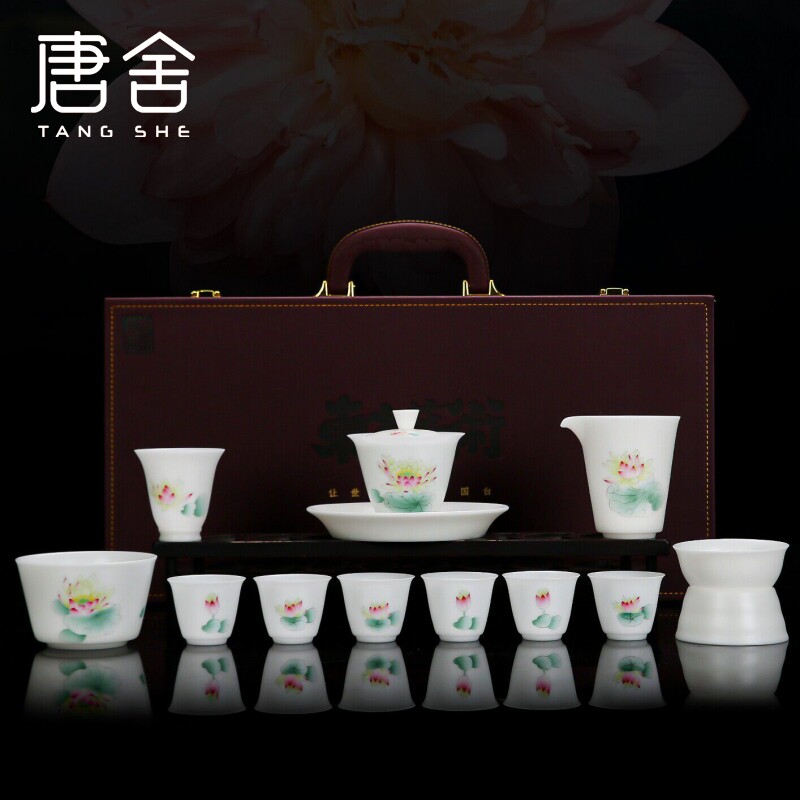 唐舍曾逸腾大师手绘功夫茶具套装圣莲禅心德化白瓷茶具商务礼品礼