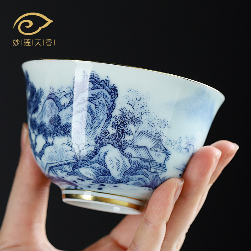 妙莲天香复古国风山水青花陶瓷主人杯品茗茶杯功夫茶具单个礼盒装