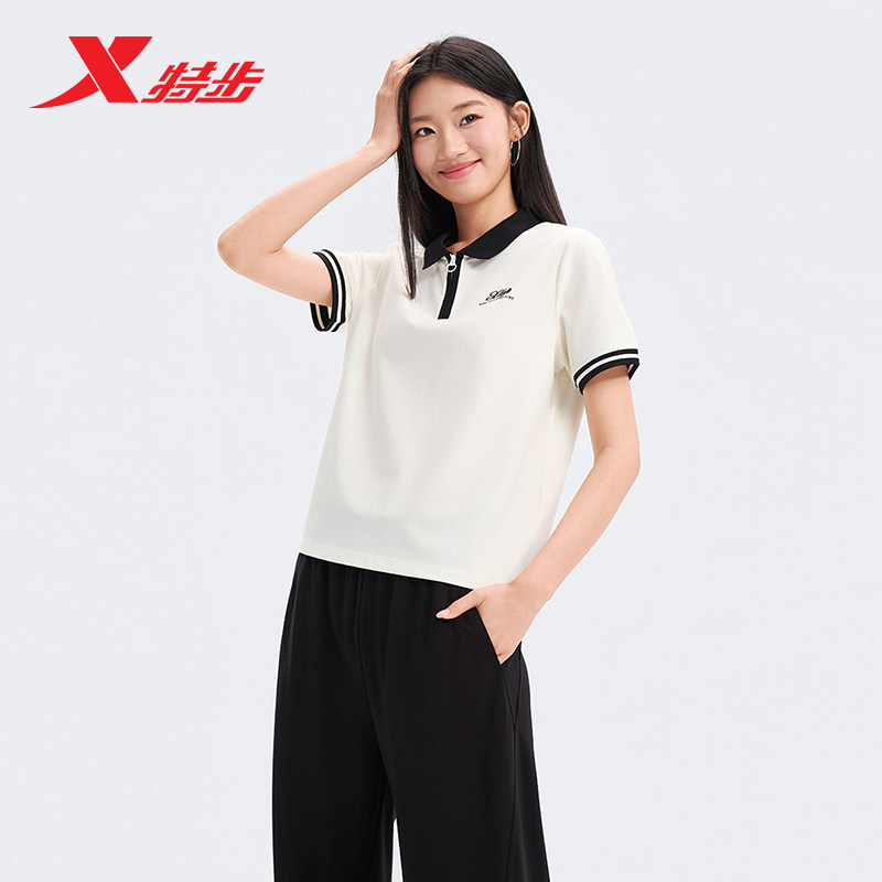 特步半拉链POLO衫女2026年夏季新款运动服休闲短袖女974228020144