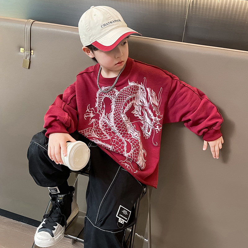 儿童装男童龙年红色卫衣套装春秋款2026新款本命年男孩春装两件套