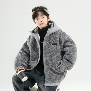 男童冬装加绒外套2026新款儿童中大童男孩冬季加厚羊羔绒毛毛衣潮