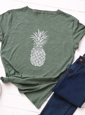 2019外贸宽松短袖t恤菠萝印花大码欧美大版街头潮流半袖女T打底衫