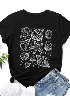 2025新款夏季短袖T恤女宽松圆领套头海边贝壳印花上衣
