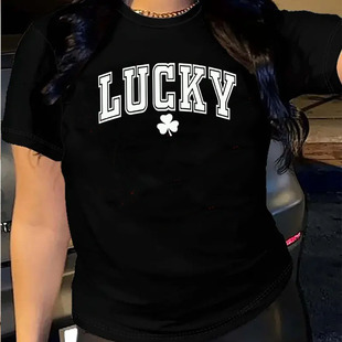 欧美女装Women T-shirt纯棉宽松薄款短袖圆领t恤女LUCKY三叶草
