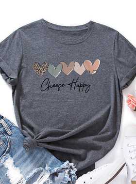 欧美女装Women T-shirt纯棉宽松薄款短袖圆领t恤女心型字母印花