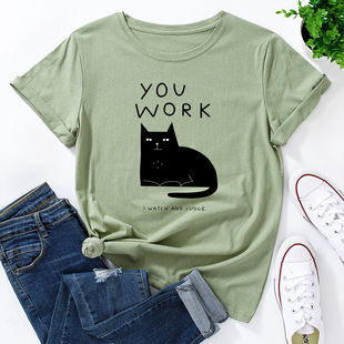 短袖 欧美女装 shirt纯棉可爱猫咪宽松薄款 圆领t恤女 Women