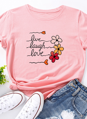 现货欧美女装Women T-shirt纯棉字母花朵宽松薄款短袖圆领t恤女