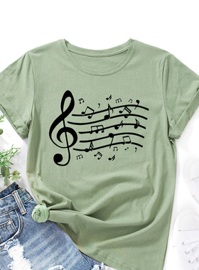 欧美女装Women T-shirt纯棉宽松薄款短袖圆领t恤女音乐字符