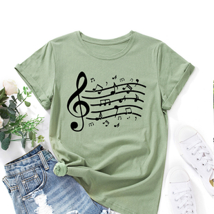 欧美女装Women T-shirt纯棉宽松薄款短袖圆领t恤女音乐字符