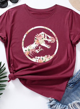 欧美女装Women T-shirt纯棉创意花恐龙宽松薄款短袖圆领t恤女