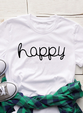 现货 夏季欧美女装Women T-shirt宽松字母happy薄款短袖t恤女