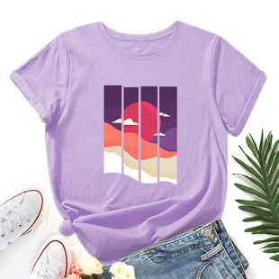 短袖 欧美女装 shirt纯棉几何创意夕阳宽松薄款 圆领t恤女 Women