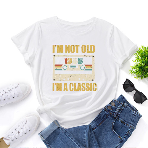 欧美女装Women T-shirt纯棉宽松薄款短袖圆领t恤女复古年代印花