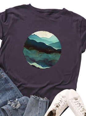 100%cotton 跨境亚马逊大码宽松欧美女装山水画薄款短袖t恤女潮流